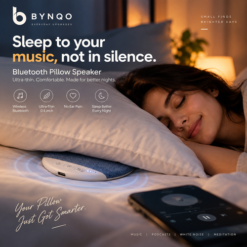 Woman sleeping with the BYNQO Bluetooth pillow speaker under her pillow