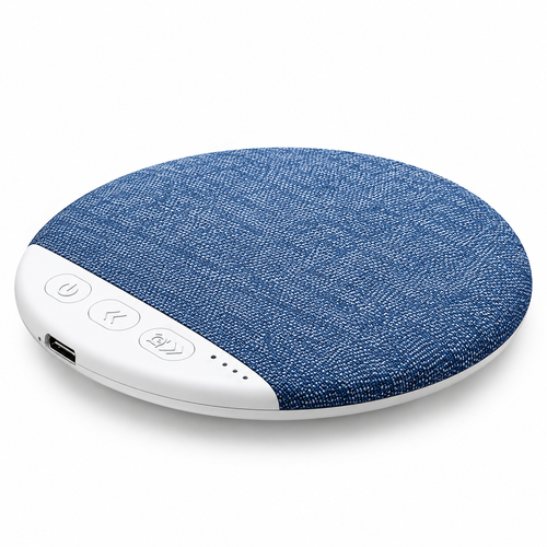BYNQO Bluetooth pillow speaker with blue fabric top and control buttons