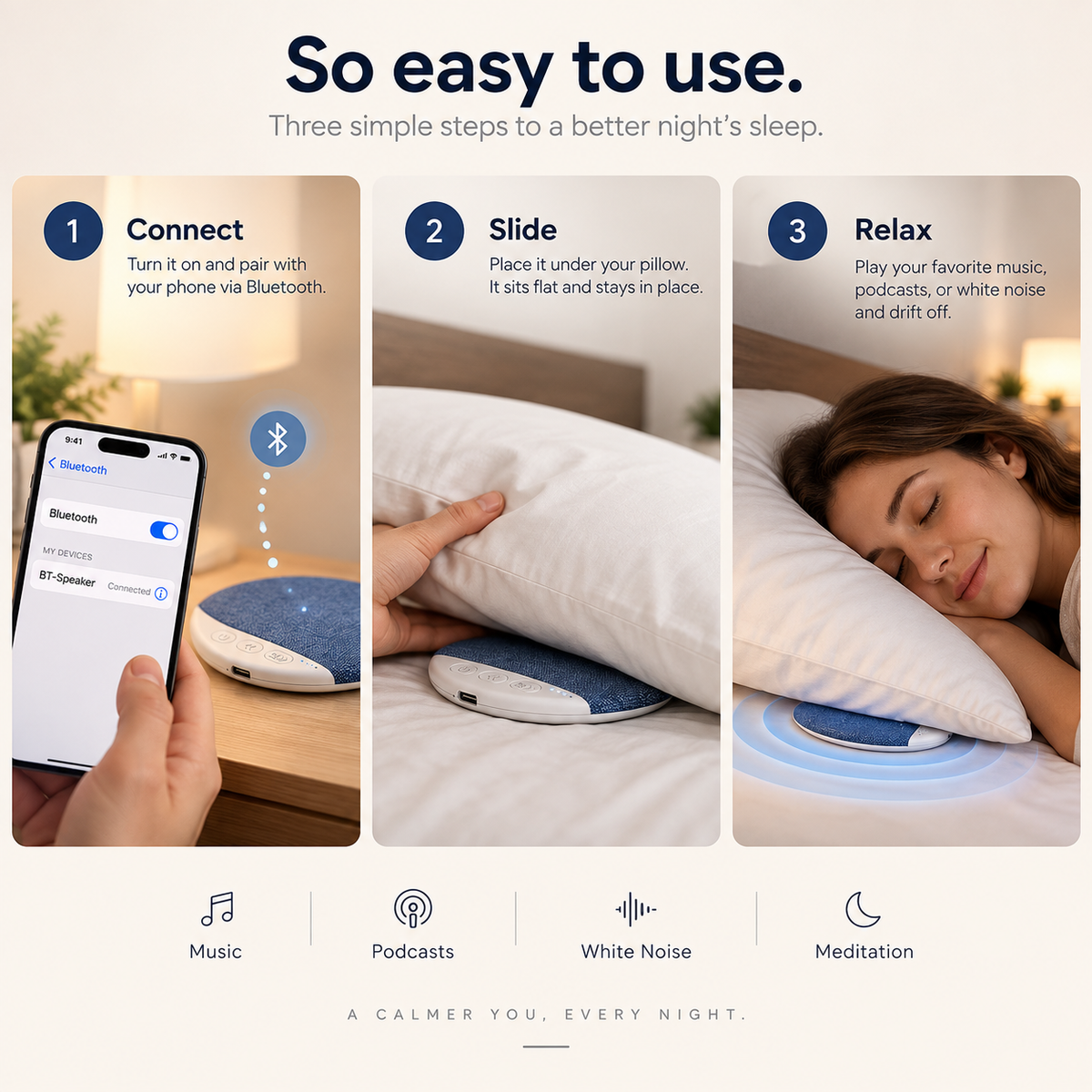 How to use the pillow speaker: connect over Bluetooth, slide it under your pillow, relax