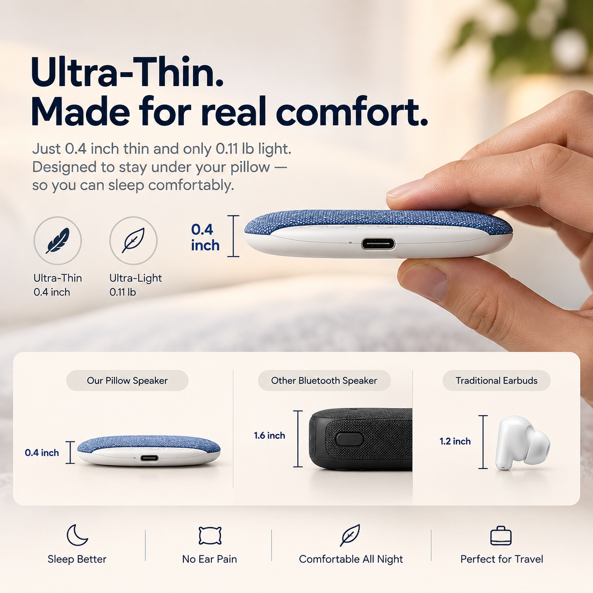 Ultra-thin 0.4 inch pillow speaker compared with a regular speaker and earbuds