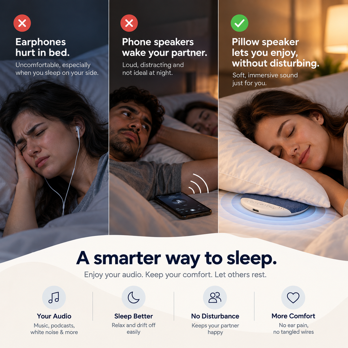 Earphones hurt and phone speakers wake your partner, the pillow speaker solves both